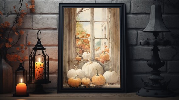 Vintage Pumpkins Autumn Window Harvest Farmhouse Wall Art Poster
