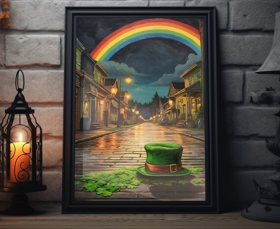St Patricks Day Leprechaun Hat Cobblestone Street Rainbow Night Poster