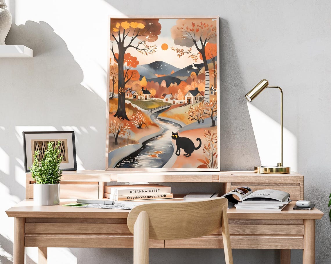 Black Cat Walking By Autumn Stream Orange Fall Folk Art Poster - Image 4