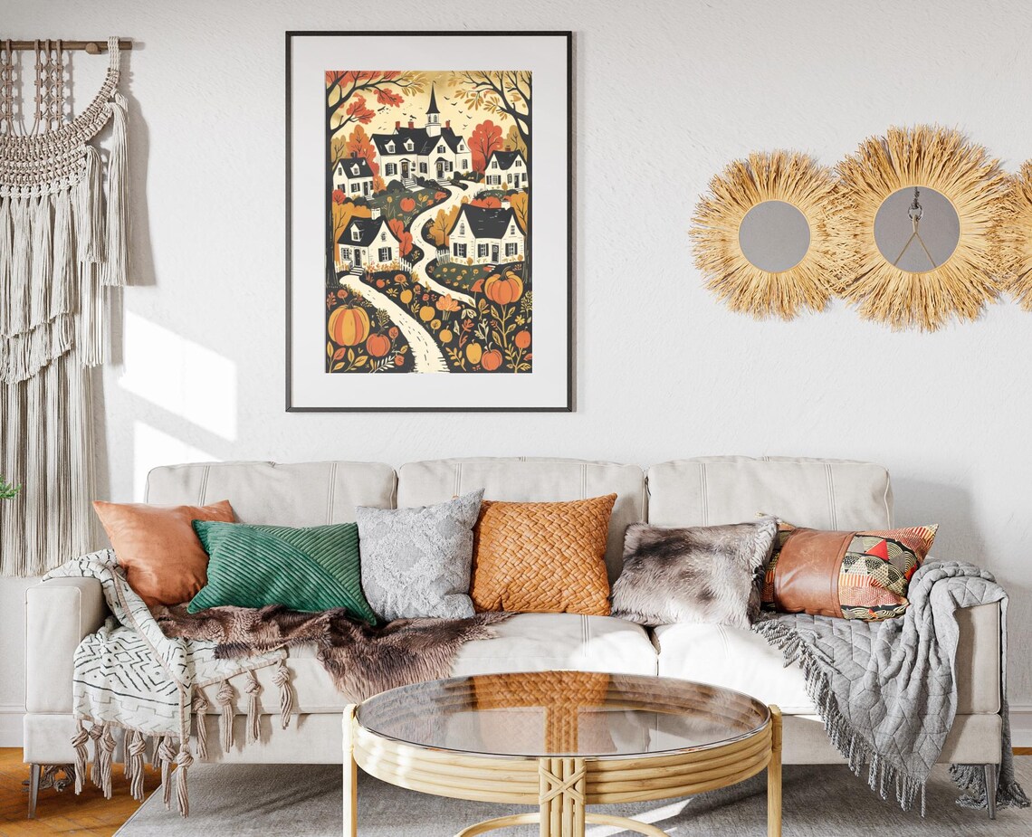 Autumn Town Woodcut Art Print, Fall Pumpkin Scene - Image 2