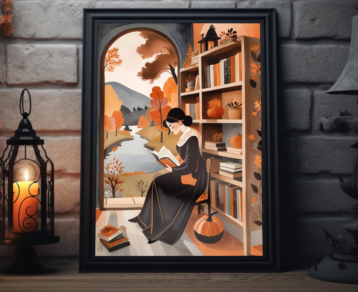 Woman Reading Window Bookshelf Pumpkins River View Fall Poster