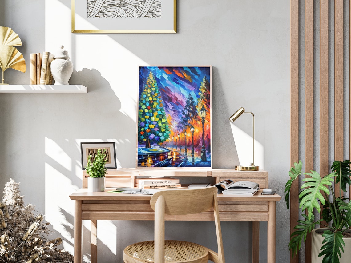 Impressionist Christmas Trees Wet Night Street Blue Orange Art Poster - Image 4