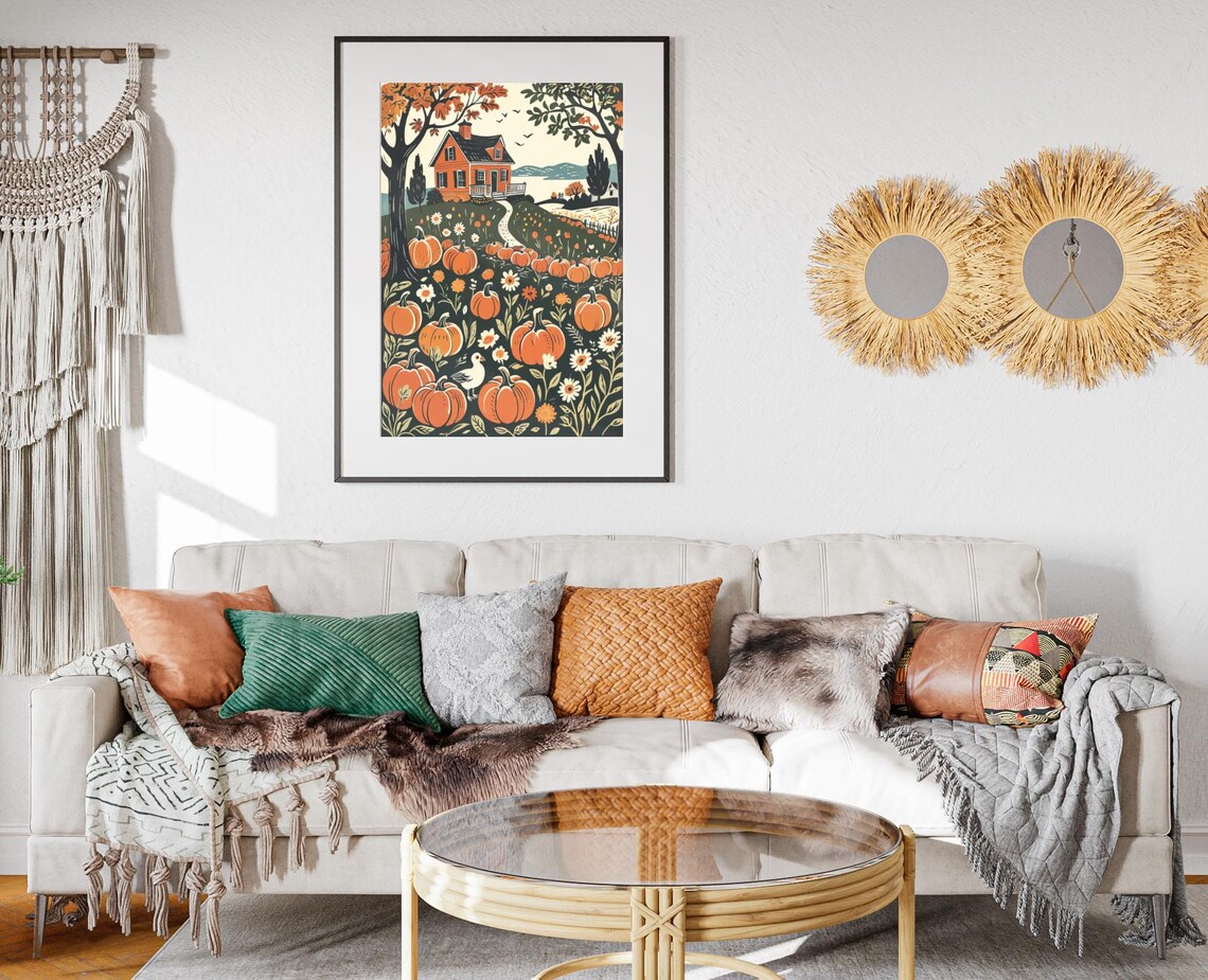 Orange Farmhouse On Hill Surrounded By Pumpkin Patch Autumn Folk Art Poster - Image 2