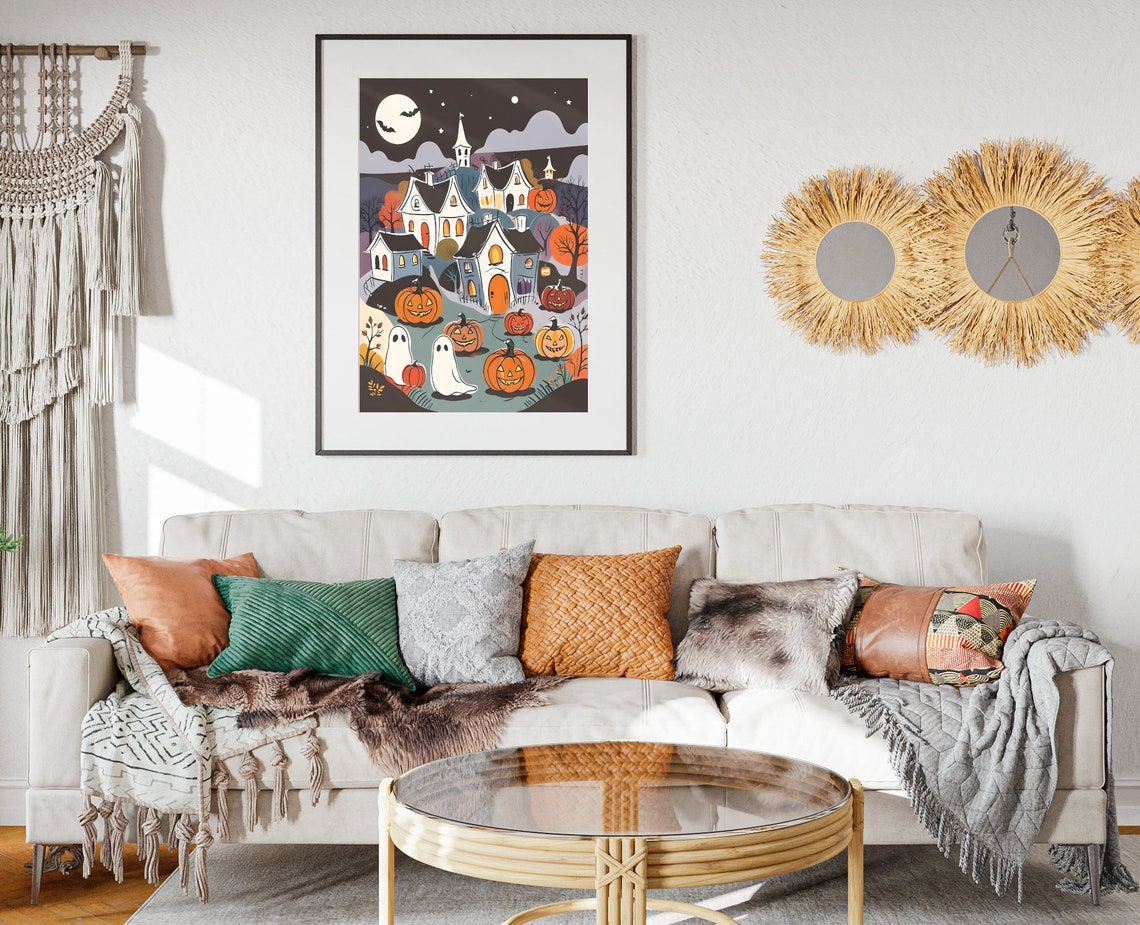 Spooky Halloween Town Ghosts Pumpkins Moonlit Night Folk Art Poster - Image 2