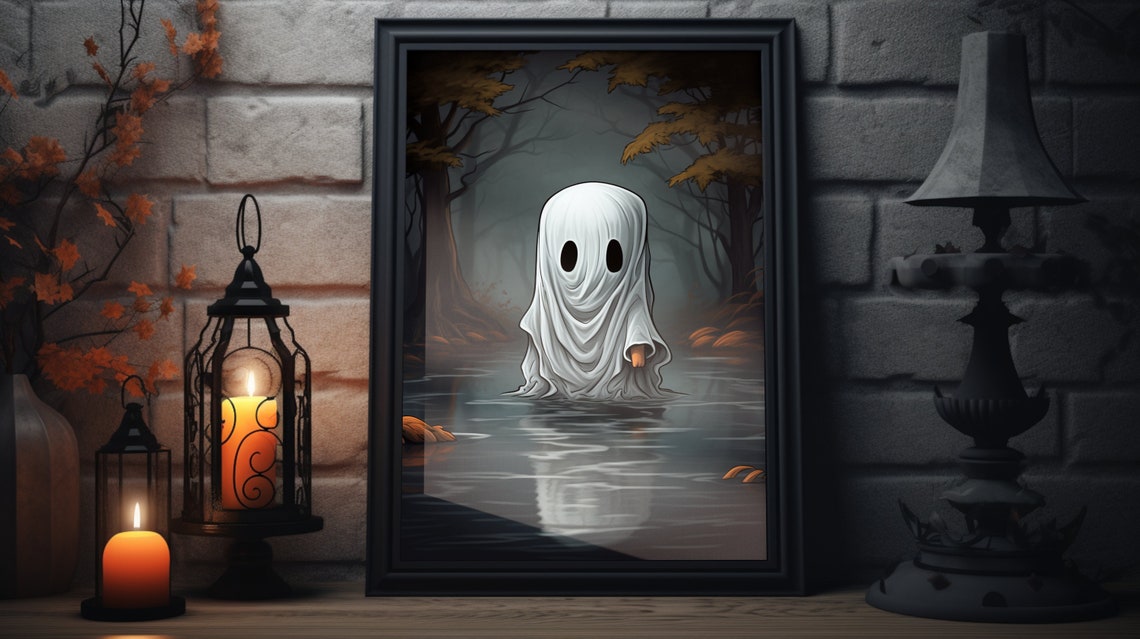 Spooky Cute Ghost in Autumn Forest Water Halloween Art Poster