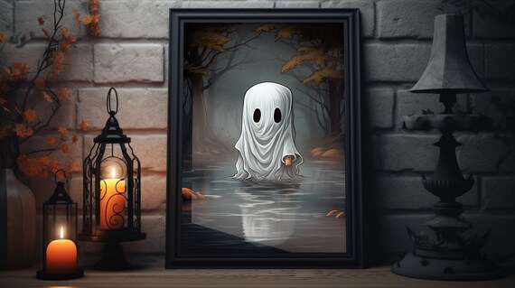 Spooky Cute Ghost in Autumn Forest Water Halloween Art Poster