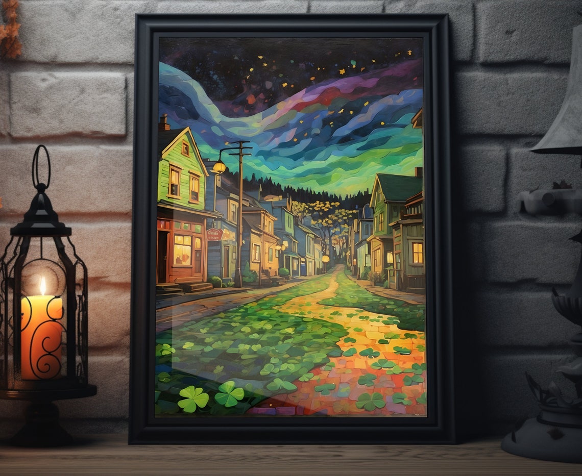 St Patricks Day Irish Village Street Shamrocks Rainbow Sky Poster