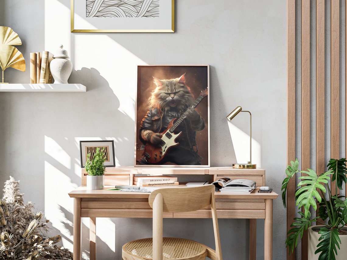 Rock Star Cat Leather Jacket Electric Guitar Portrait Poster - Image 4
