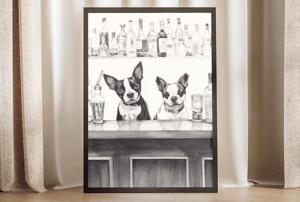 Boston Terrier Dogs At Bar Ink Sketch Vintage Pub Beer Wall Art Poster