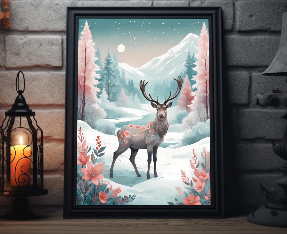 Floral Deer In Pastel Snowy Forest Winter Wonderland Art Poster