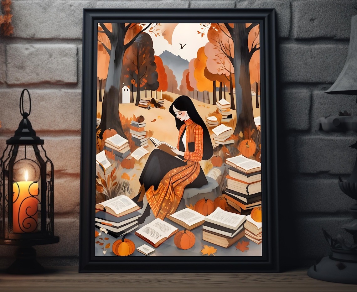 Woman Reading In Autumn Woods Surrounded By Books Pumpkins Fall Art Poster