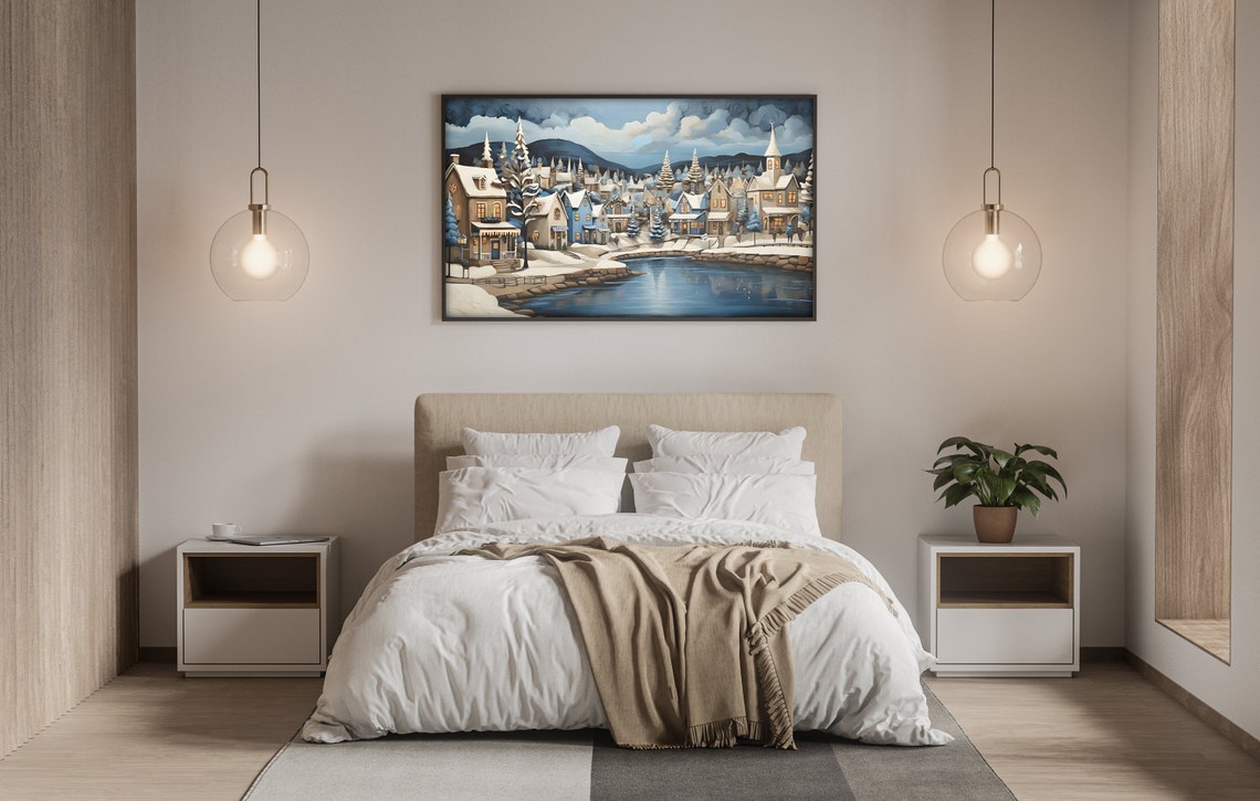 Snowy Winter Town By Frozen River Blue Dusk Town Panorama Poster - Image 3