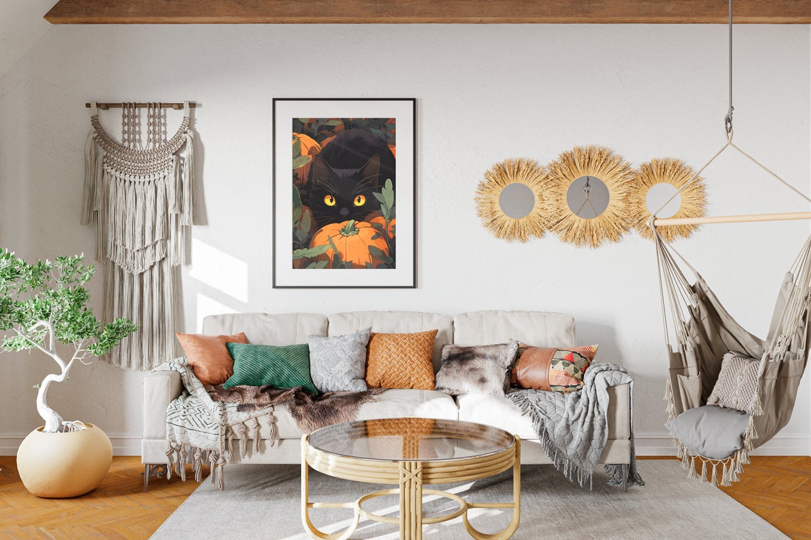 Halloween Black Cat Pumpkin Spooky Fall Night Art Poster Print - Image 2