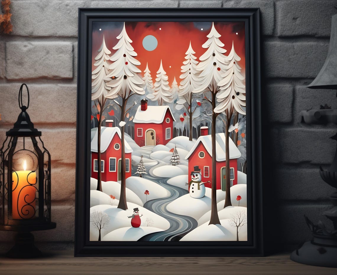 Red Cabins In Snowy Forest Snowmen Red Sunset Winter Art Poster