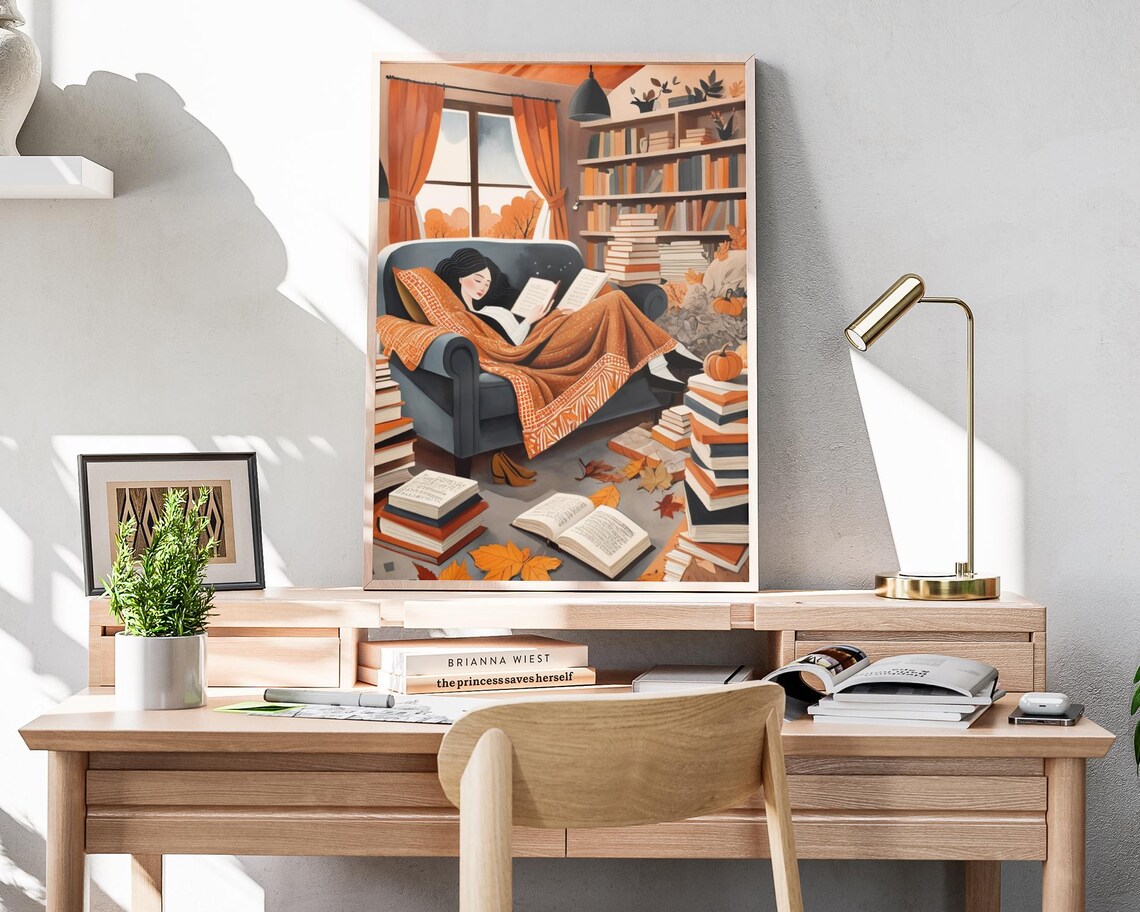 Fall Bookworm Abstract Folk Art Woman Reading Art Print - Image 4