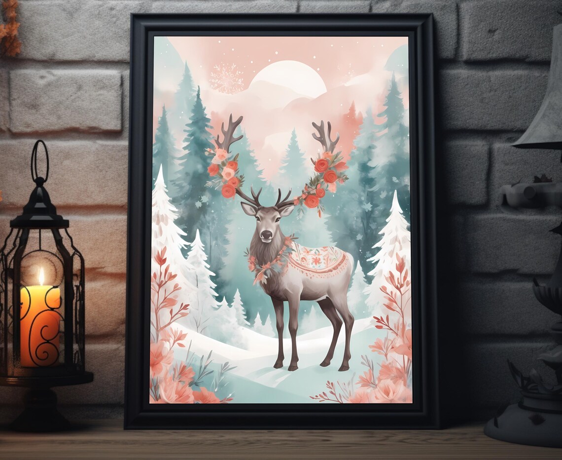 Reindeer Floral Antlers Snowy Pink Forest Winter Holiday Art Poster