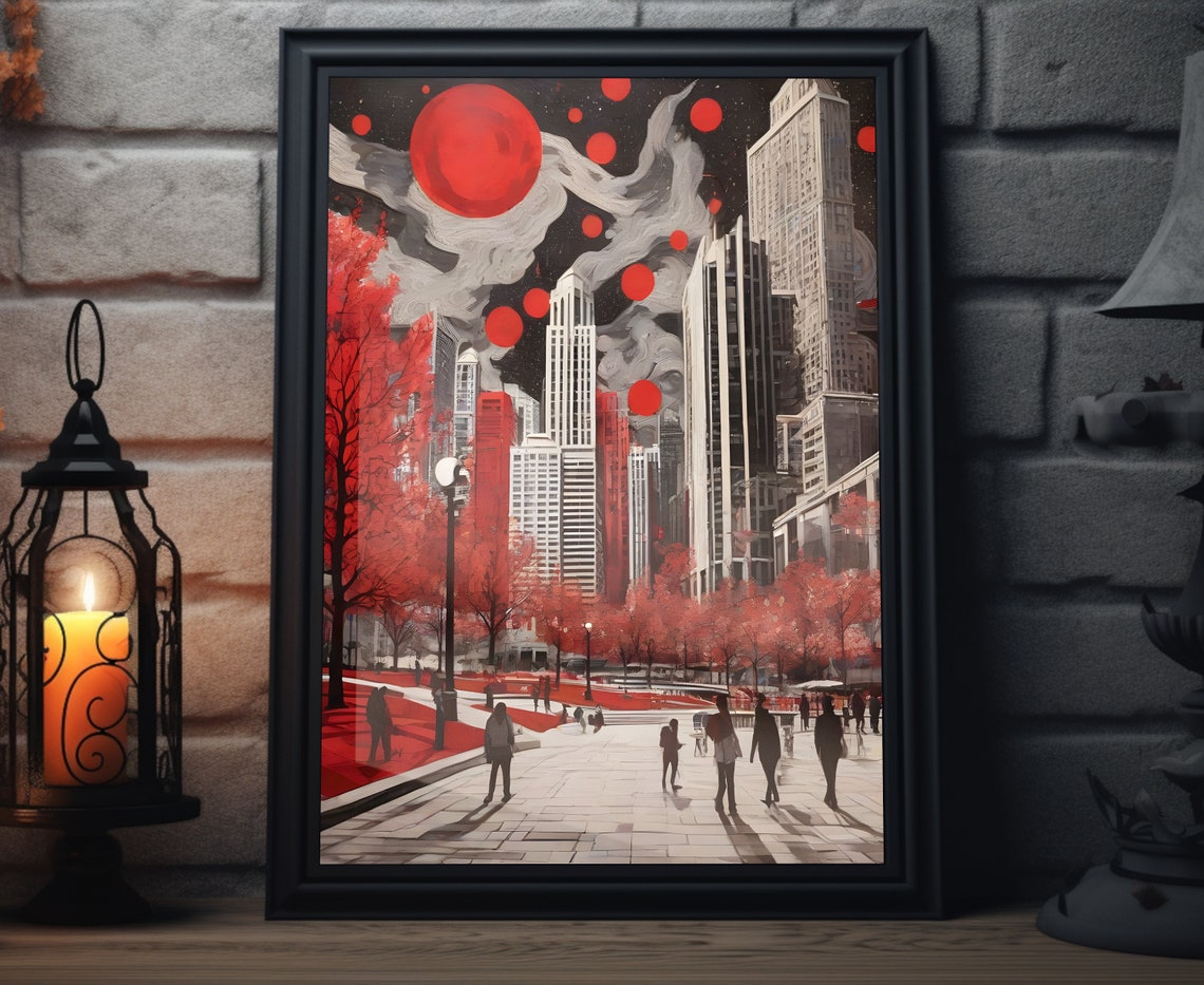 Chicago Downtown Autumn Trees Red Sky Starry Dusk Skyline Art Poster