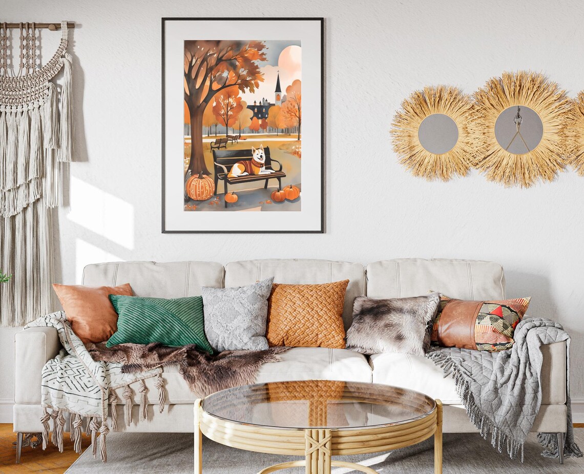 Dog With Scarf Lounging On Park Bench Pumpkins Autumn Village Art Poster - Image 2