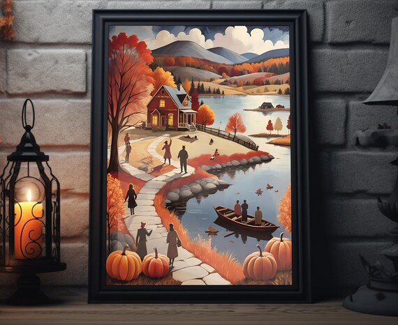 Lakeside Cottage Autumn Lake Pumpkins Boats Peaceful Fall Poster