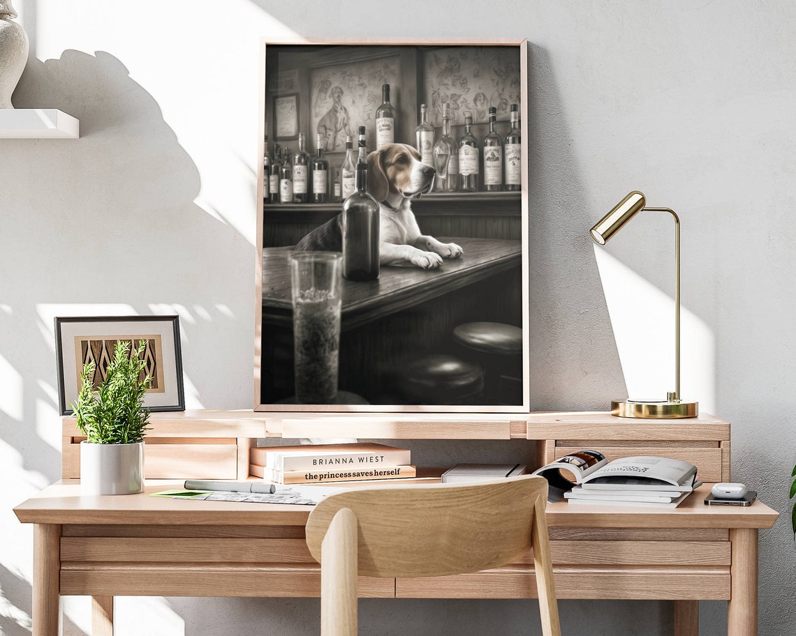 Beagle Lying On Bar Counter Profile Whiskey Bottles Art Poster - Image 4