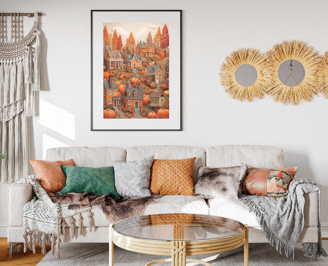 Autumn Town Hillside Cottages Giant Pumpkins Harvest Village Poster - Image 2