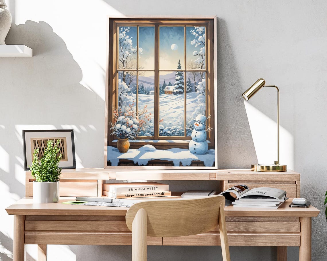 Snowman Greeting Outside Winter Window Snowy Valley Art Poster - Image 4