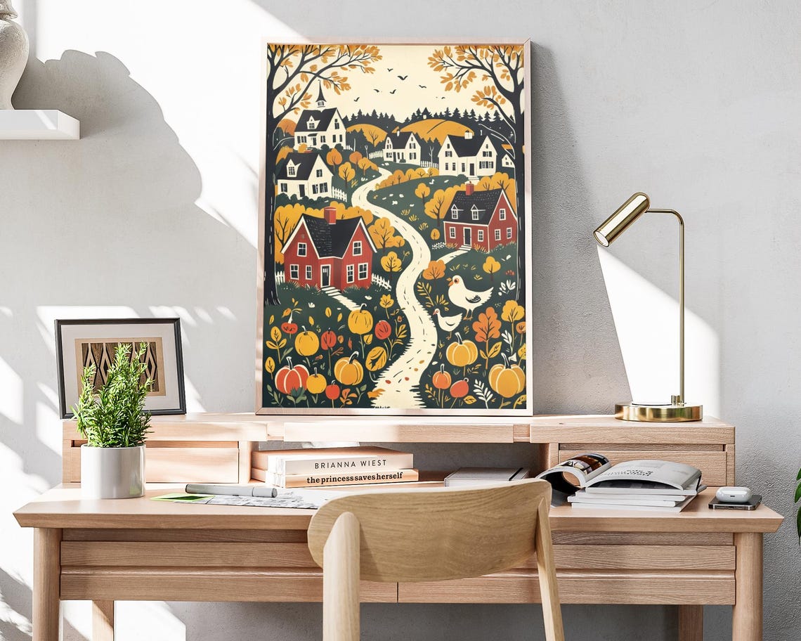 Charming Fall Town Chickens Pumpkins Harvest Woodcut Art Poster - Image 4