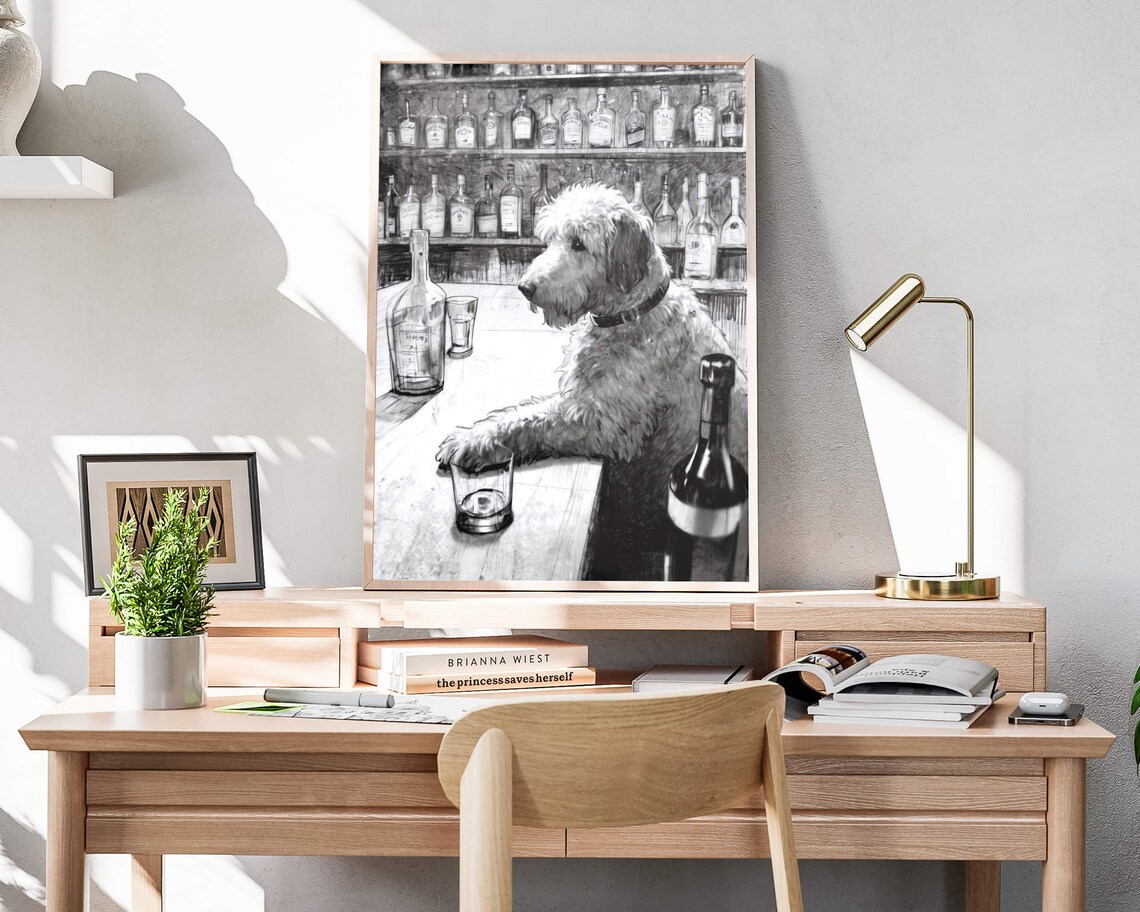 Doodle Dog Sitting At Bar With Whiskey Glass Black White Poster - Image 4