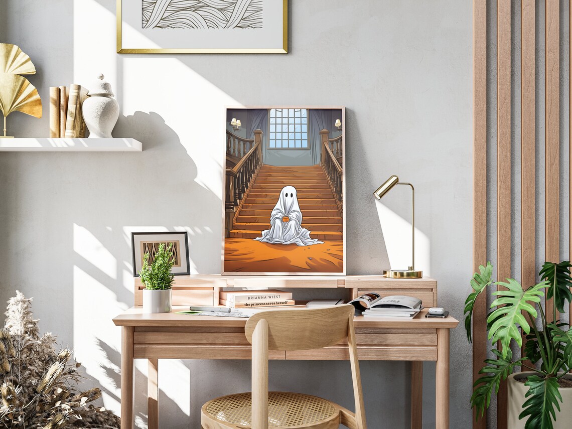 Cute Ghost Sitting on Wooden Staircase Spooky Halloween Scene Poster - Image 4