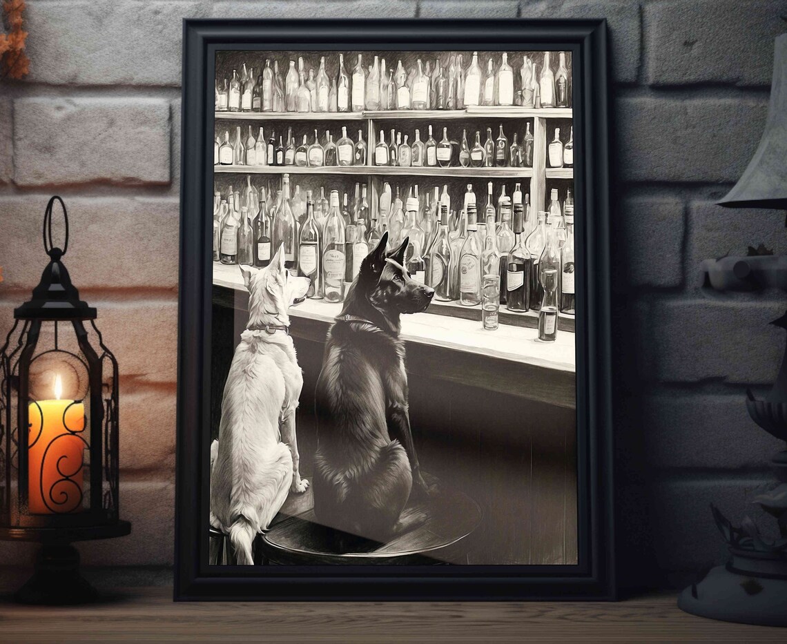 Black German Shepherd Bar Art Print, Dog Bar Decor