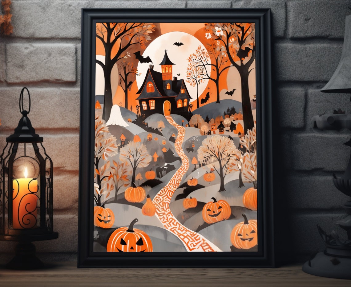 Haunted House Ghost Forest Moonlit Orange Path Pumpkins Poster