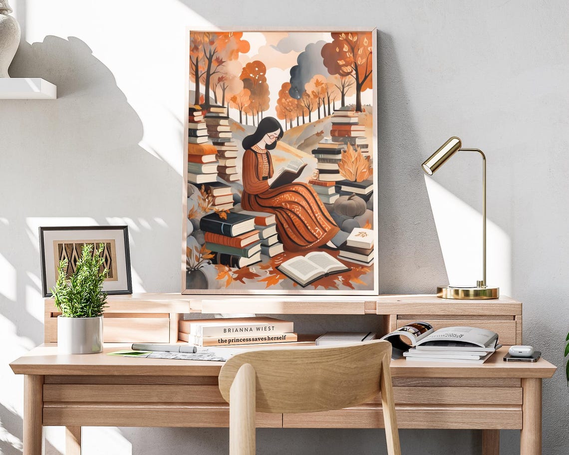 Woman Reading Forest Book Towers Autumn Stream Fall Art Poster - Image 4