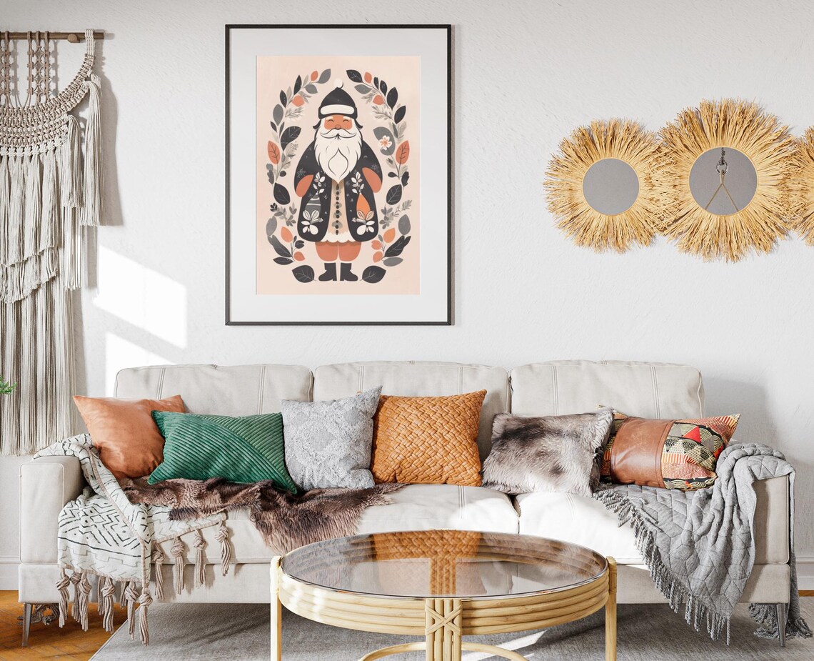 Boho Scandinavian Santa Folk Coat Botanical Wreath Holiday Poster - Image 2