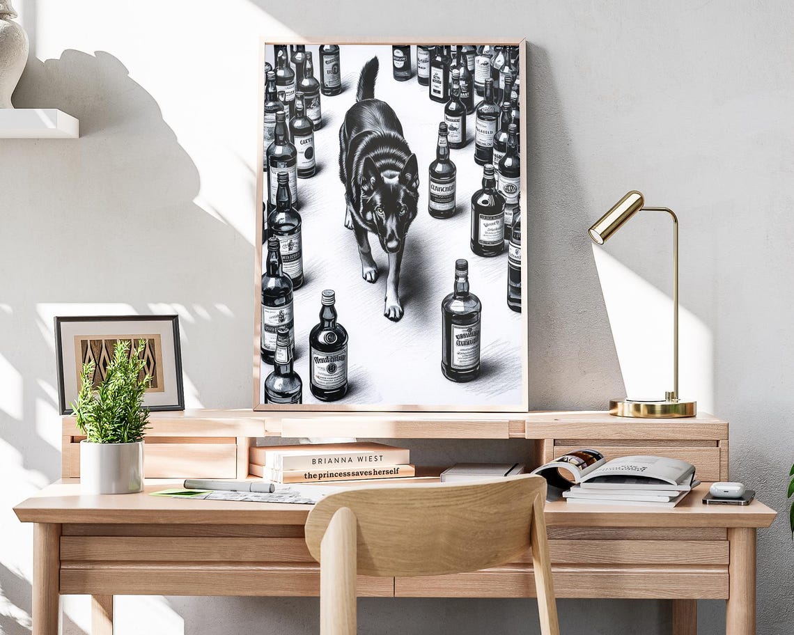 German Shepherd Strolling Past Liquor Bottles Bar Sketch Poster - Image 4