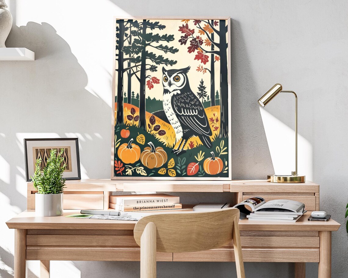 Great Horned Owl In Autumn Forest With Pumpkins Woodcut Style Art Poster - Image 4