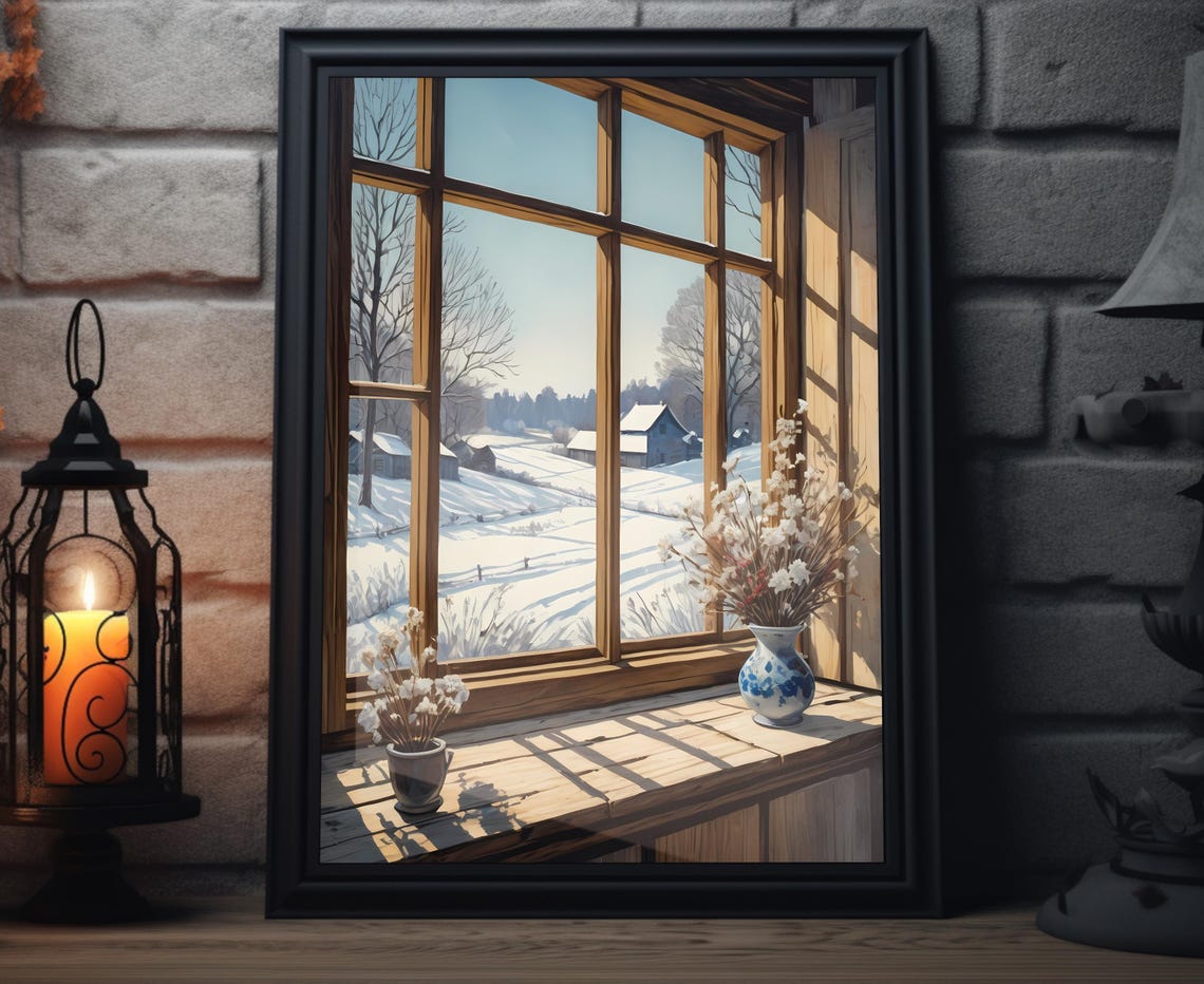 Snowy Farm Countryside Through Tall Window Winter Art Poster