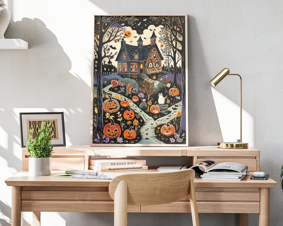 Haunted Halloween House Jack O Lantern Path White Cat Moonlight Art Poster - Image 4