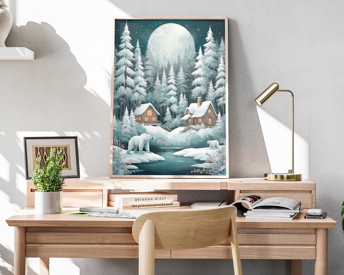 Moonlit Winter Forest Polar Bears Cabins Full Moon Night Poster - Image 4