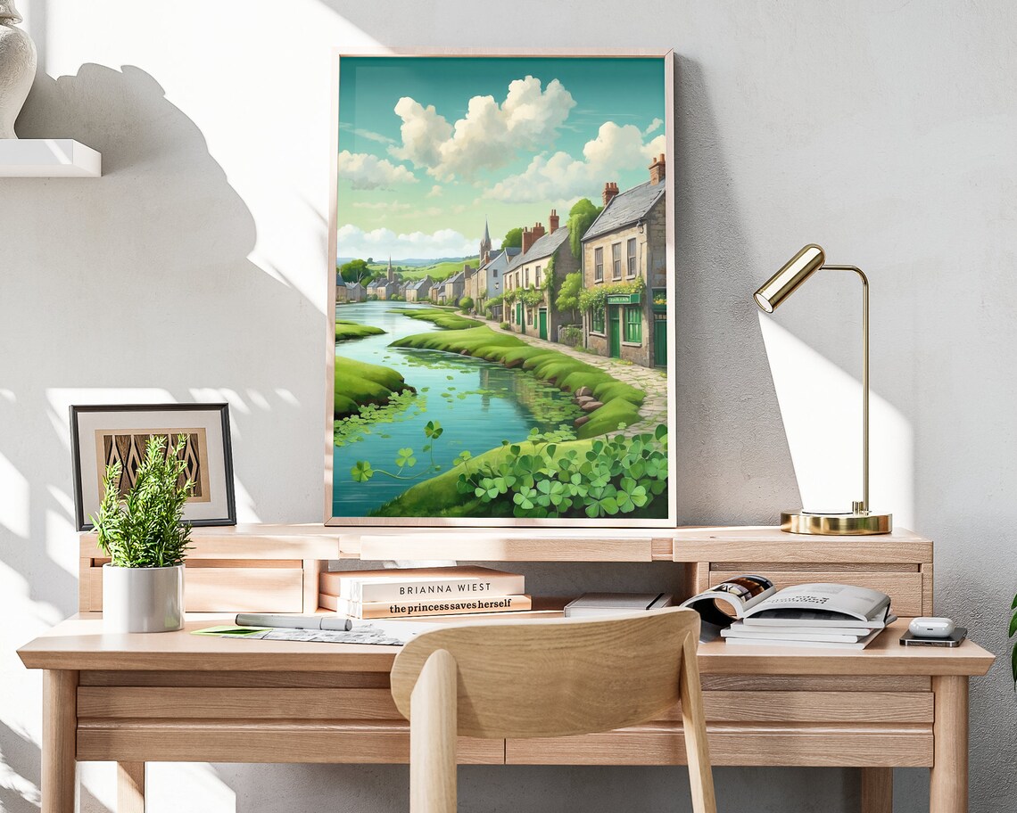 Ireland Riverside Quay Village Church Spire Shamrock Folk Art Poster - Image 4