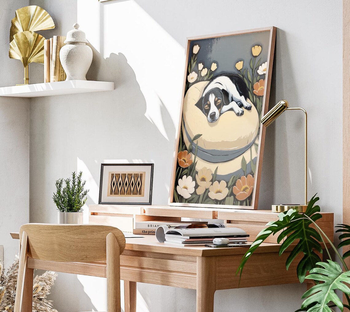 Sleeping Puppy Floral Art Cozy Curled Dog Among Flowers Print - Image 3