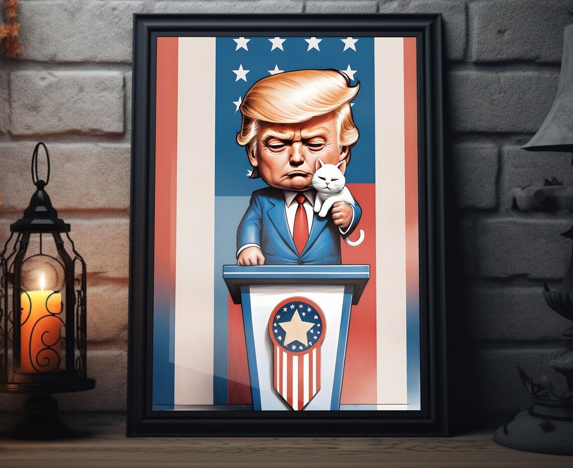 Donald Trump Holding White Cat At Podium Flag Seal Caricature Wall Art Poster