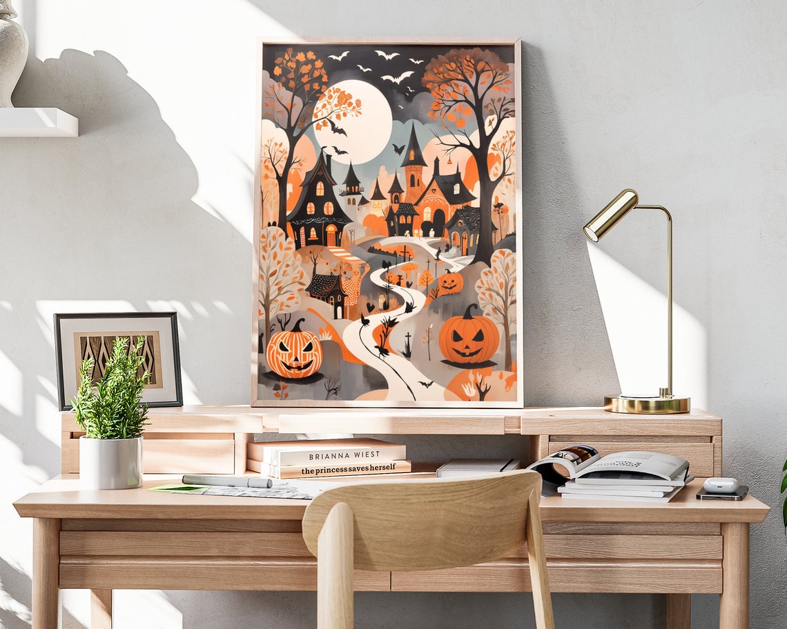 Spooky Halloween Town Crooked Houses Jack O Lanterns Moon Poster - Image 4