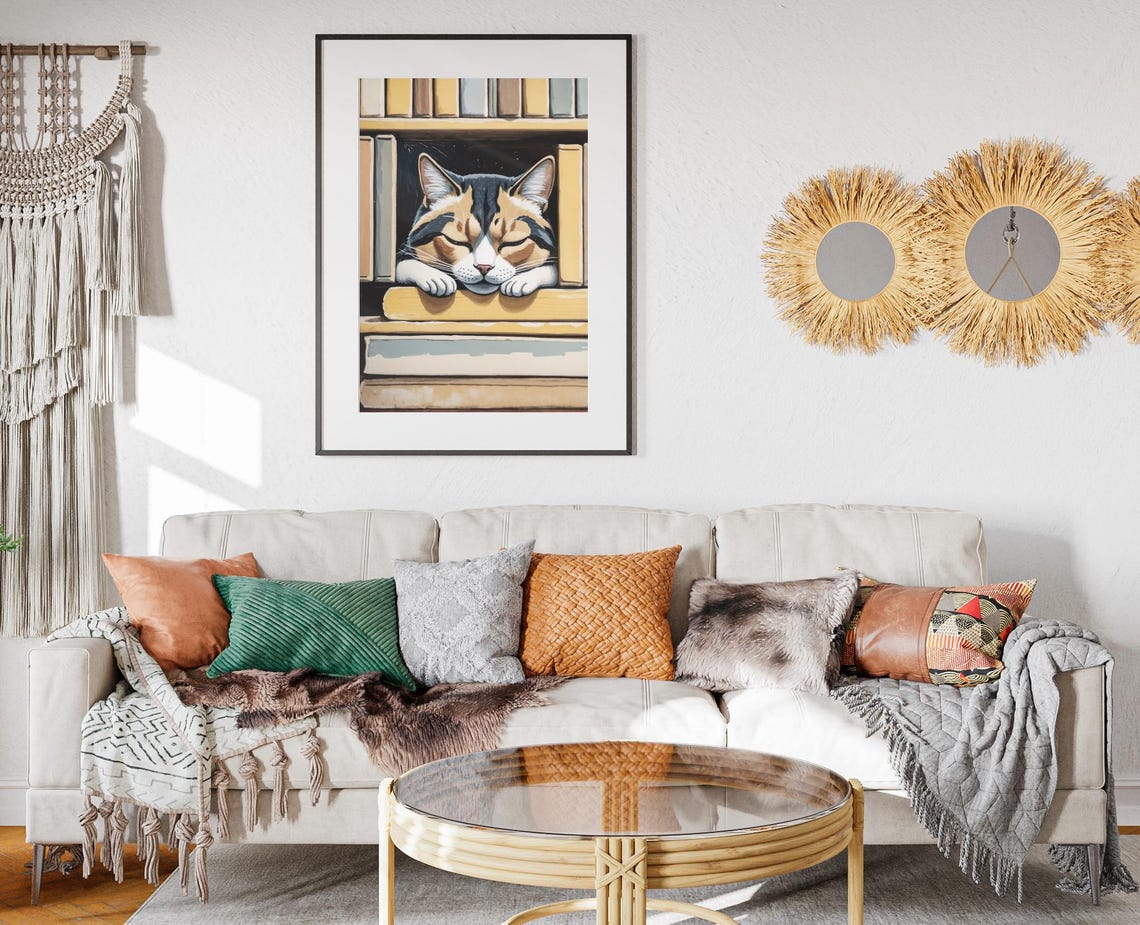 Sleeping Tabby Cat Bookshelf Books Cozy Bookworm Wall Art Poster - Image 2