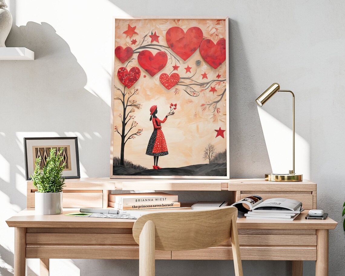 Valentine Girl Catching Hearts Heart Tree Love Folk Art Poster - Image 4