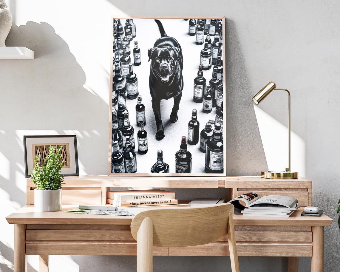 Black Labrador Walking Through Whiskey Bottles Bar Sketch Poster - Image 4