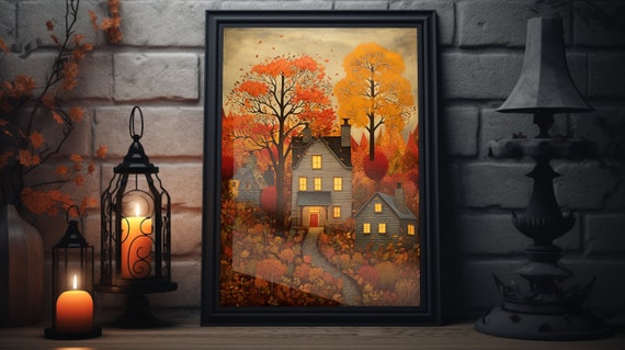 Vintage Thanksgiving Home Folk Art Print, Autumn Decor