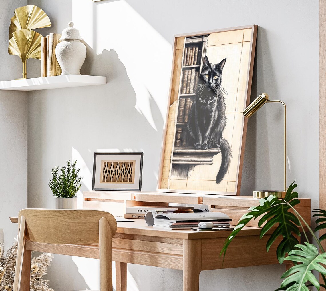 Black Cat Sitting On Vintage Library Bookshelf Sketch Art Poster - Image 3