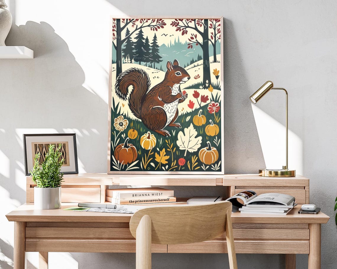 Cute Squirrel Eating Nut Autumn Pumpkins Woodcut Fall Art Poster - Image 4