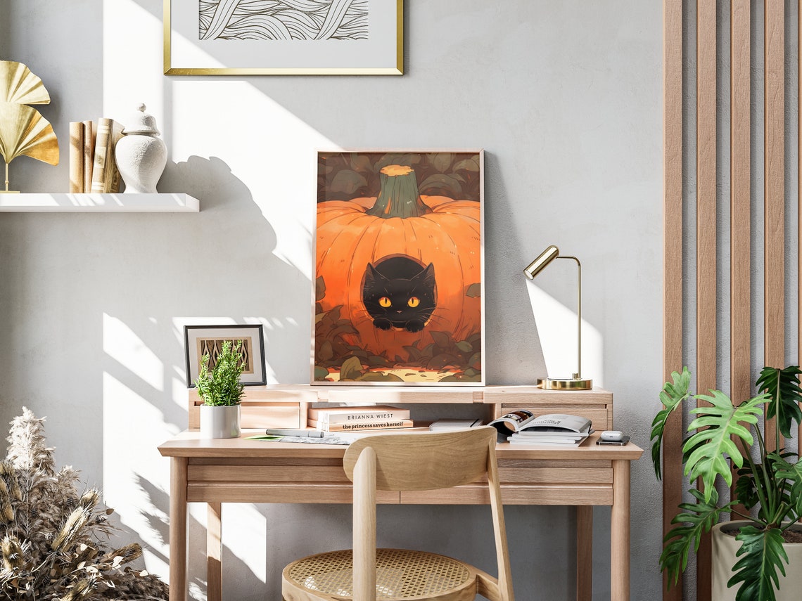 Halloween Cat Wall Art Fall Scene With Original Artwork Cute Black Cat And Pumpkin - Image 4