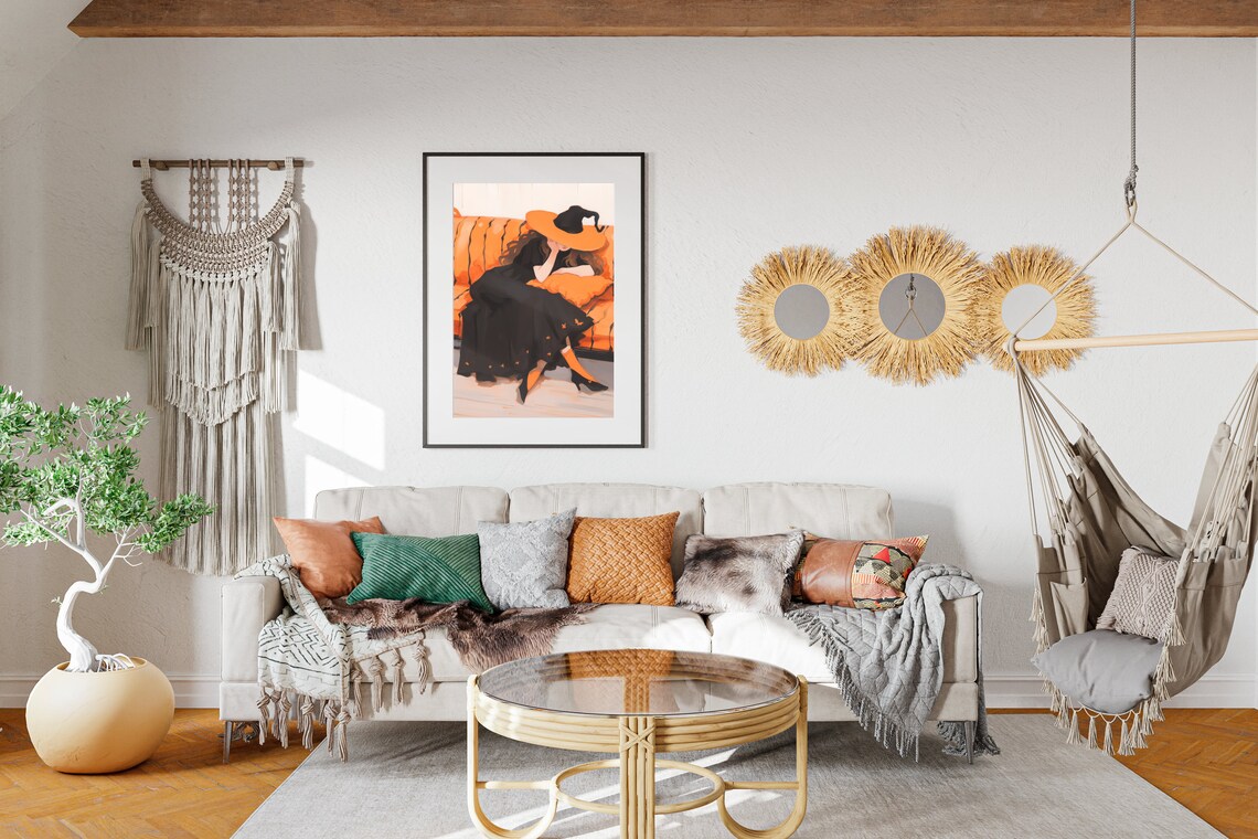 Witch Napping On Pumpkin Orange Couch Black Dress Spooky Season Art Poster - Image 2